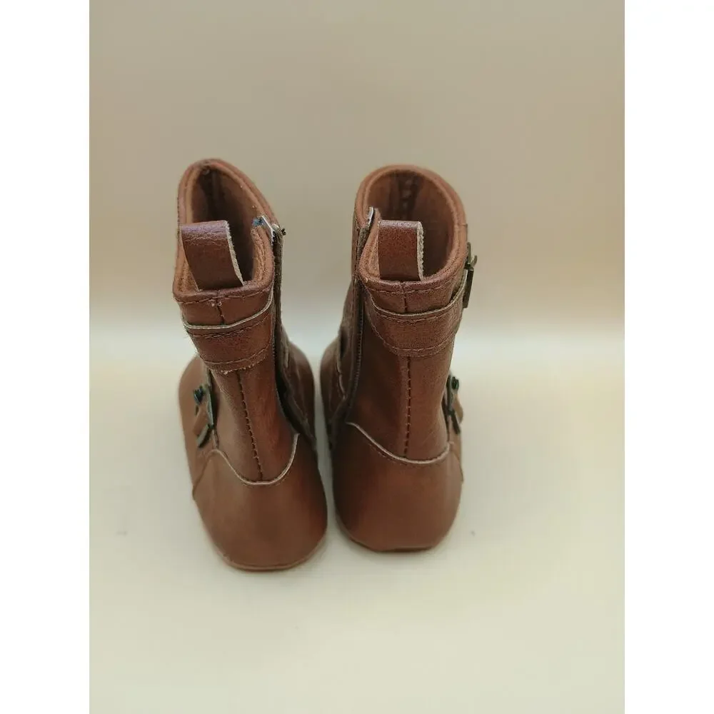 Leather Faux Baby Girl Booties Brown Boots 18-24 Pull On Hook & Latch Old Navy